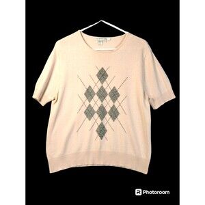 Preppy Silk Cashmere Argyle Size L Crew Neck Short Sleeve Pink